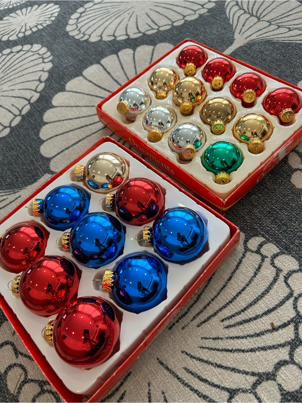 Vintage Mercury Glass Holiday Ornament Set  Red, Blue, Gold Christmas Retro